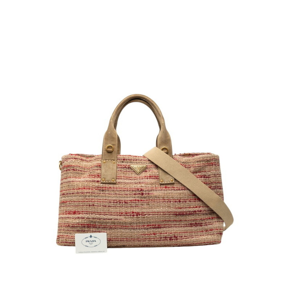 Prada Triangle Logo Plate Canapa Tote Bag 2-Way Shoulder BN2042 Beige Red Mul... - Picture 6 of 6